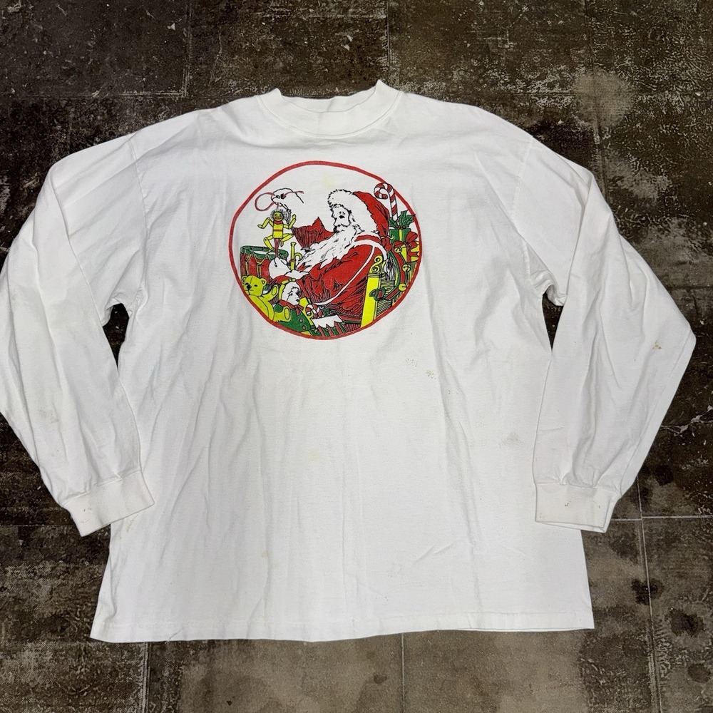 Vintage Christmas Santa Claus Long Sleeve Single Stitch Shirt Men's M/L White